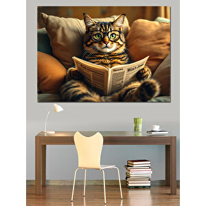 Gazete Okuyan Kedi Dekoratif Kanvas - Mdf Ahşap Tablo 35x50 cm