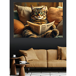 Gazete Okuyan Kedi Dekoratif Kanvas - Mdf Ahşap Tablo