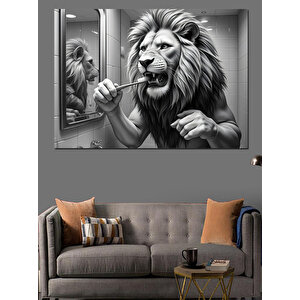 Diş Fırçalayan Aslan Dekoratif Kanvas - Mdf Ahşap Tablo 50x70 cm