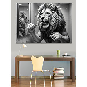 Diş Fırçalayan Aslan Dekoratif Kanvas - Mdf Ahşap Tablo 50x70 cm