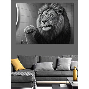 Dişlerini Fırçalayan Aslan Dekoratif Kanvas - Mdf Ahşap Tablo