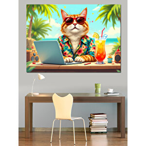Güneş Gözlüklü Tatil Kedisi Dekoratif Kanvas - Mdf Ahşap Tablo 70x100 cm