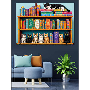 Kitaplıkta Sevimli Kediler Dekoratif Kanvas - Mdf Ahşap Tablo 70x100 cm