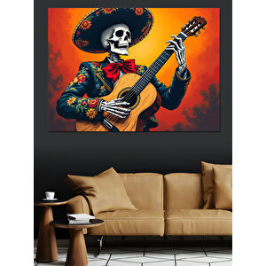 Gitar Çalan İskelet Meksikalı Dekoratif Kanvas - Mdf Ahşap Tablo 100x140 cm