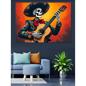 Gitar Çalan İskelet Meksikalı Dekoratif Kanvas - Mdf Ahşap Tablo 100x140 cm