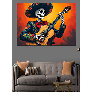 Gitar Çalan İskelet Meksikalı Dekoratif Kanvas - Mdf Ahşap Tablo 100x140 cm
