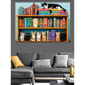 Kitaplıkta Sevimli Kediler Dekoratif Kanvas - Mdf Ahşap Tablo 100x140 cm