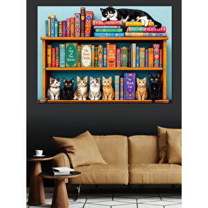 Kitaplıkta Sevimli Kediler Dekoratif Kanvas - Mdf Ahşap Tablo 100x140 cm