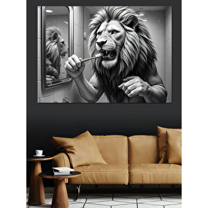 Diş Fırçalayan Aslan Dekoratif Kanvas - Mdf Ahşap Tablo