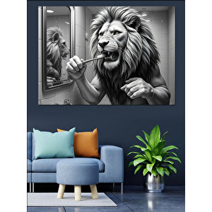 Diş Fırçalayan Aslan Dekoratif Kanvas - Mdf Ahşap Tablo