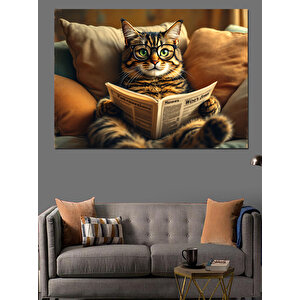 Gazete Okuyan Kedi Dekoratif Kanvas - Mdf Ahşap Tablo 70x100 cm