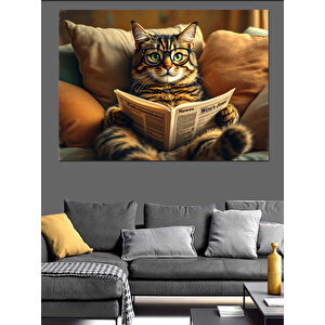 Gazete Okuyan Kedi Dekoratif Kanvas - Mdf Ahşap Tablo