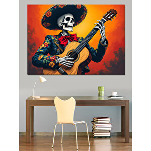 Gitar Çalan İskelet Meksikalı Dekoratif Kanvas - Mdf Ahşap Tablo