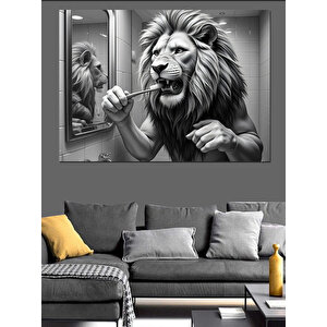 Diş Fırçalayan Aslan Dekoratif Kanvas - Mdf Ahşap Tablo 70x100 cm