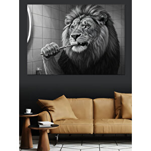 Dişlerini Fırçalayan Aslan Dekoratif Kanvas - Mdf Ahşap Tablo