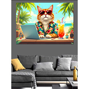 Güneş Gözlüklü Tatil Kedisi Dekoratif Kanvas - Mdf Ahşap Tablo 50x70 cm
