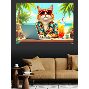 Güneş Gözlüklü Tatil Kedisi Dekoratif Kanvas - Mdf Ahşap Tablo 50x70 cm
