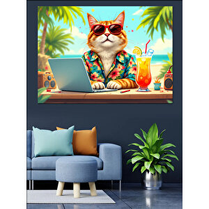 Güneş Gözlüklü Tatil Kedisi Dekoratif Kanvas - Mdf Ahşap Tablo
