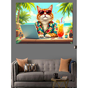 Güneş Gözlüklü Tatil Kedisi Dekoratif Kanvas - Mdf Ahşap Tablo