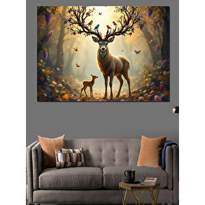 Büyülü Ormanda Geyik Dekoratif Kanvas - Mdf Ahşap Tablo 35x50 cm
