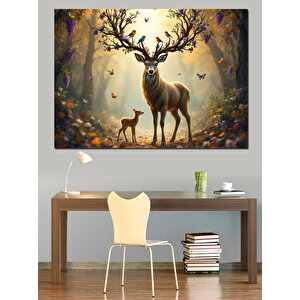 Büyülü Ormanda Geyik Dekoratif Kanvas - Mdf Ahşap Tablo 35x50 cm