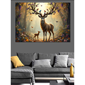 Büyülü Ormanda Geyik Dekoratif Kanvas - Mdf Ahşap Tablo