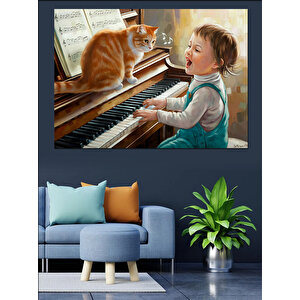 Kediyle Piyano Çalan Çocuk Dekoratif Kanvas - Mdf Ahşap Tablo 50x70 cm
