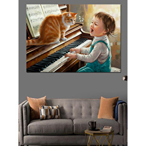 Kediyle Piyano Çalan Çocuk Dekoratif Kanvas - Mdf Ahşap Tablo 50x70 cm