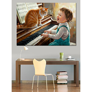 Kediyle Piyano Çalan Çocuk Dekoratif Kanvas - Mdf Ahşap Tablo 50x70 cm