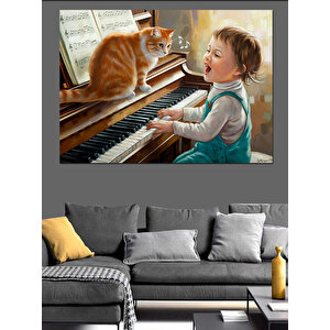 Kediyle Piyano Çalan Çocuk Dekoratif Kanvas - Mdf Ahşap Tablo