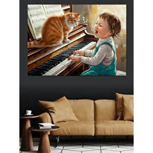 Kediyle Piyano Çalan Çocuk Dekoratif Kanvas - Mdf Ahşap Tablo
