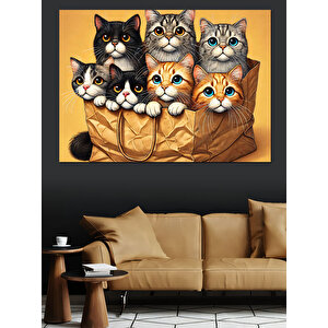 Kağıt Torbada Sevimli Kediler Dekoratif Kanvas - Mdf Ahşap Tablo 100x140 cm