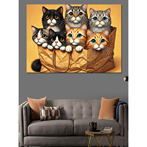 Kağıt Torbada Sevimli Kediler Dekoratif Kanvas - Mdf Ahşap Tablo 100x140 cm