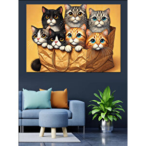 Kağıt Torbada Sevimli Kediler Dekoratif Kanvas - Mdf Ahşap Tablo 50x70 cm