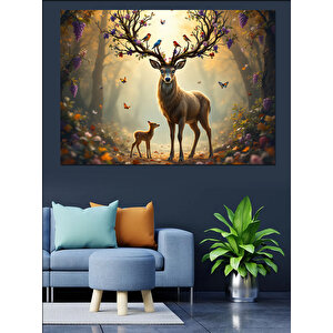 Büyülü Ormanda Geyik Dekoratif Kanvas - Mdf Ahşap Tablo 70x100 cm