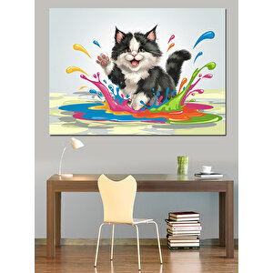 Renk Patlamasıyla Kedi Dekoratif Kanvas - Mdf Ahşap Tablo 70x100 cm