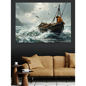 Dalgalar Arasında Yalnız Balıkçı Dekoratif Kanvas - Mdf Ahşap Tablo 35x50 cm