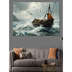 Dalgalar Arasında Yalnız Balıkçı Dekoratif Kanvas - Mdf Ahşap Tablo 35x50 cm