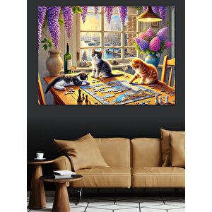 Masada Oturan Renkli Kediler Dekoratif Kanvas - Mdf Ahşap Tablo 70x100 cm