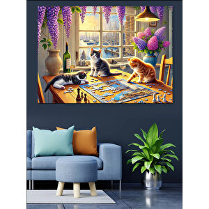 Masada Oturan Renkli Kediler Dekoratif Kanvas - Mdf Ahşap Tablo 35x50 cm