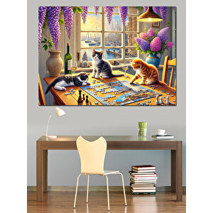 Masada Oturan Renkli Kediler Dekoratif Kanvas - Mdf Ahşap Tablo