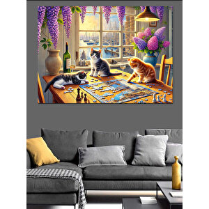 Masada Oturan Renkli Kediler Dekoratif Kanvas - Mdf Ahşap Tablo