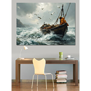 Dalgalar Arasında Yalnız Balıkçı Dekoratif Kanvas - Mdf Ahşap Tablo