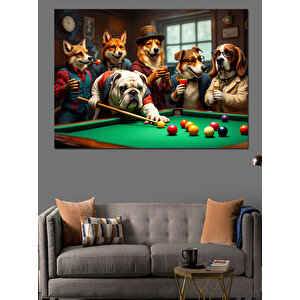 Bilardo Masasında Köpekler Dekoratif Kanvas - Mdf Ahşap Tablo 100x140 cm