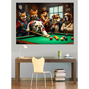 Bilardo Masasında Köpekler Dekoratif Kanvas - Mdf Ahşap Tablo 100x140 cm