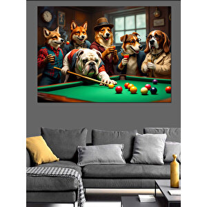 Bilardo Masasında Köpekler Dekoratif Kanvas - Mdf Ahşap Tablo 100x140 cm