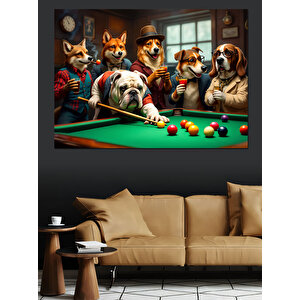Bilardo Masasında Köpekler Dekoratif Kanvas - Mdf Ahşap Tablo