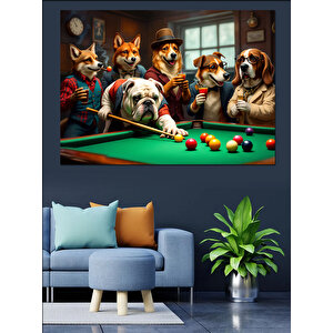 Bilardo Masasında Köpekler Dekoratif Kanvas - Mdf Ahşap Tablo