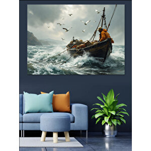 Dalgalar Arasında Yalnız Balıkçı Dekoratif Kanvas - Mdf Ahşap Tablo 100x140 cm