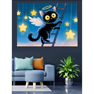 Merdivene Tırmanan Siyah Kedi Dekoratif Kanvas - Mdf Ahşap Tablo 70x100 cm
